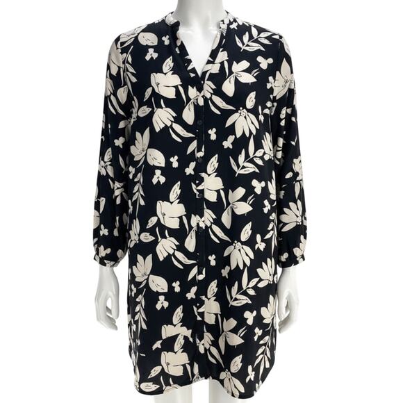 a new day Button Up Shirt Dress XXL Black Beige Floral Long Sleeve Loose Fit - Picture 1 of 8